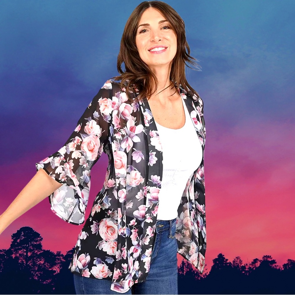 TAMSY Women’s plus-size Black & Pink Sheer Ruffled-sleeve Kimono❤️❤️2X